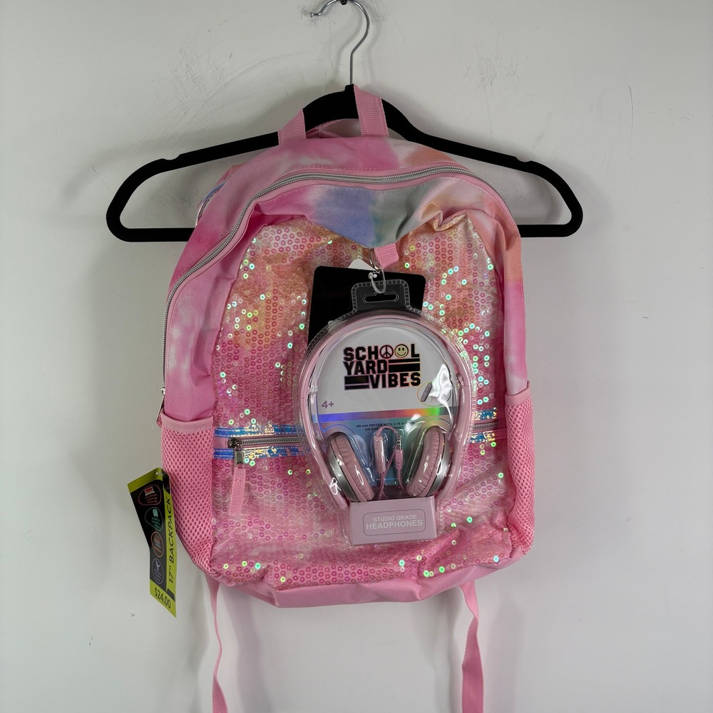 NWT‎ Kids Pink Sequin Unicorn Backpack with Headphones and Lunch Bag Set